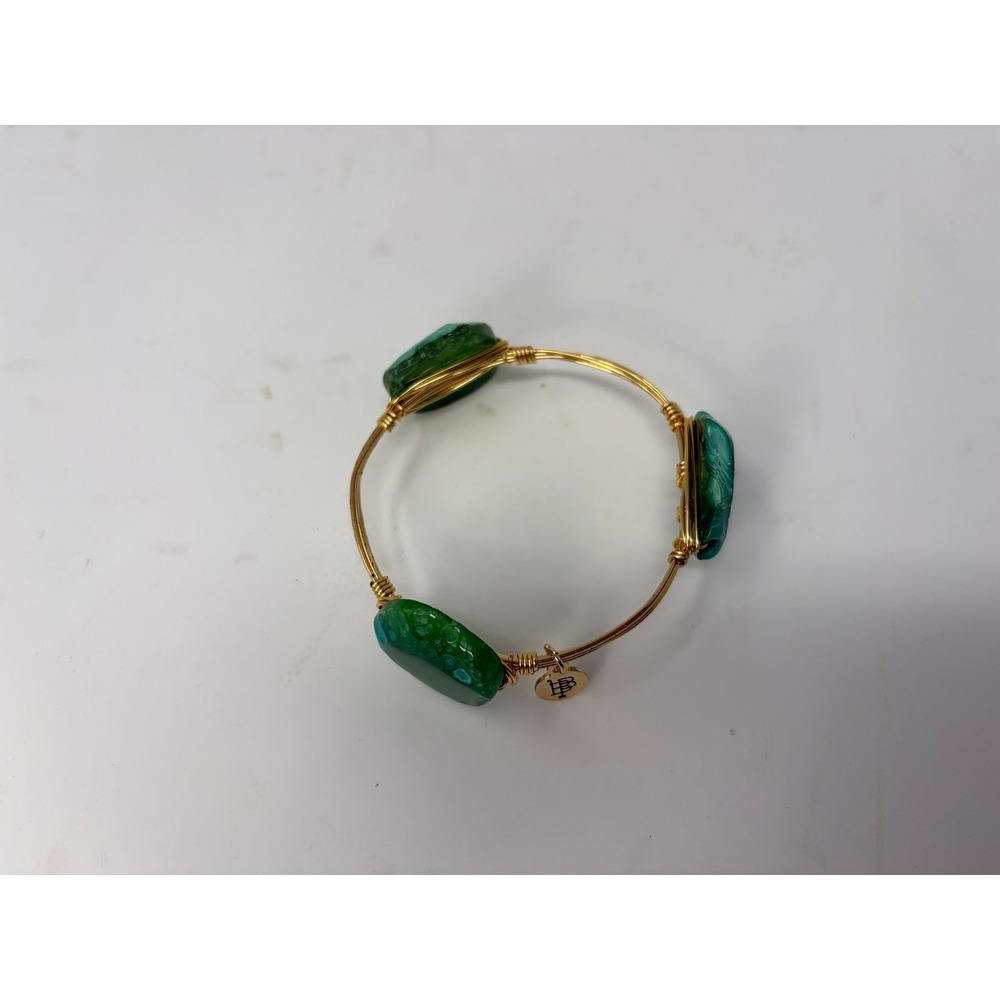 Bourbon & Boweties Green Agate Gold Wire Wrapped Bangle Bracelet Stone Trio - Picture 2 of 6